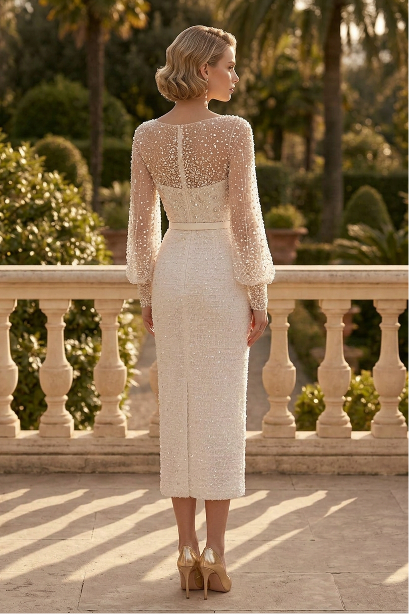Beaded Illusion Sheer Sleeve Midi Column Dress