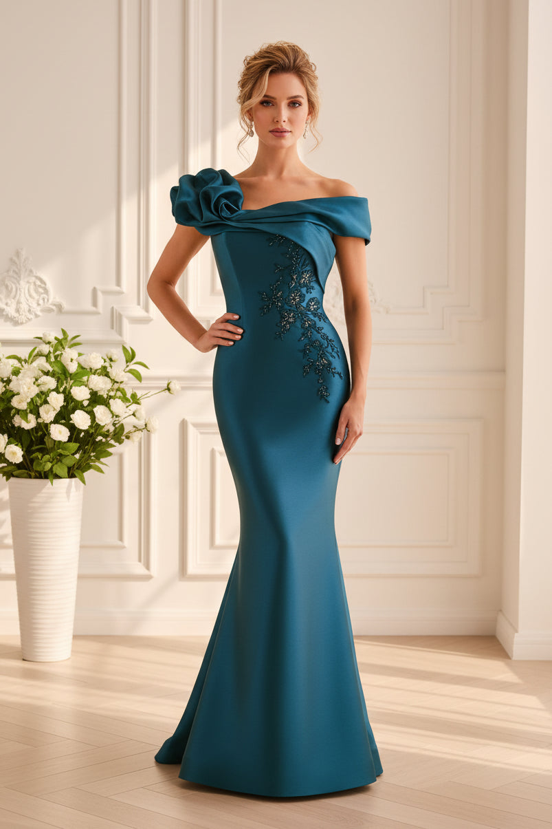 Rosette Off-Shoulder Embroidered Mermaid Gown