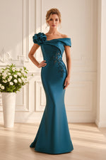 Rosette Off-Shoulder Embroidered Mermaid Gown