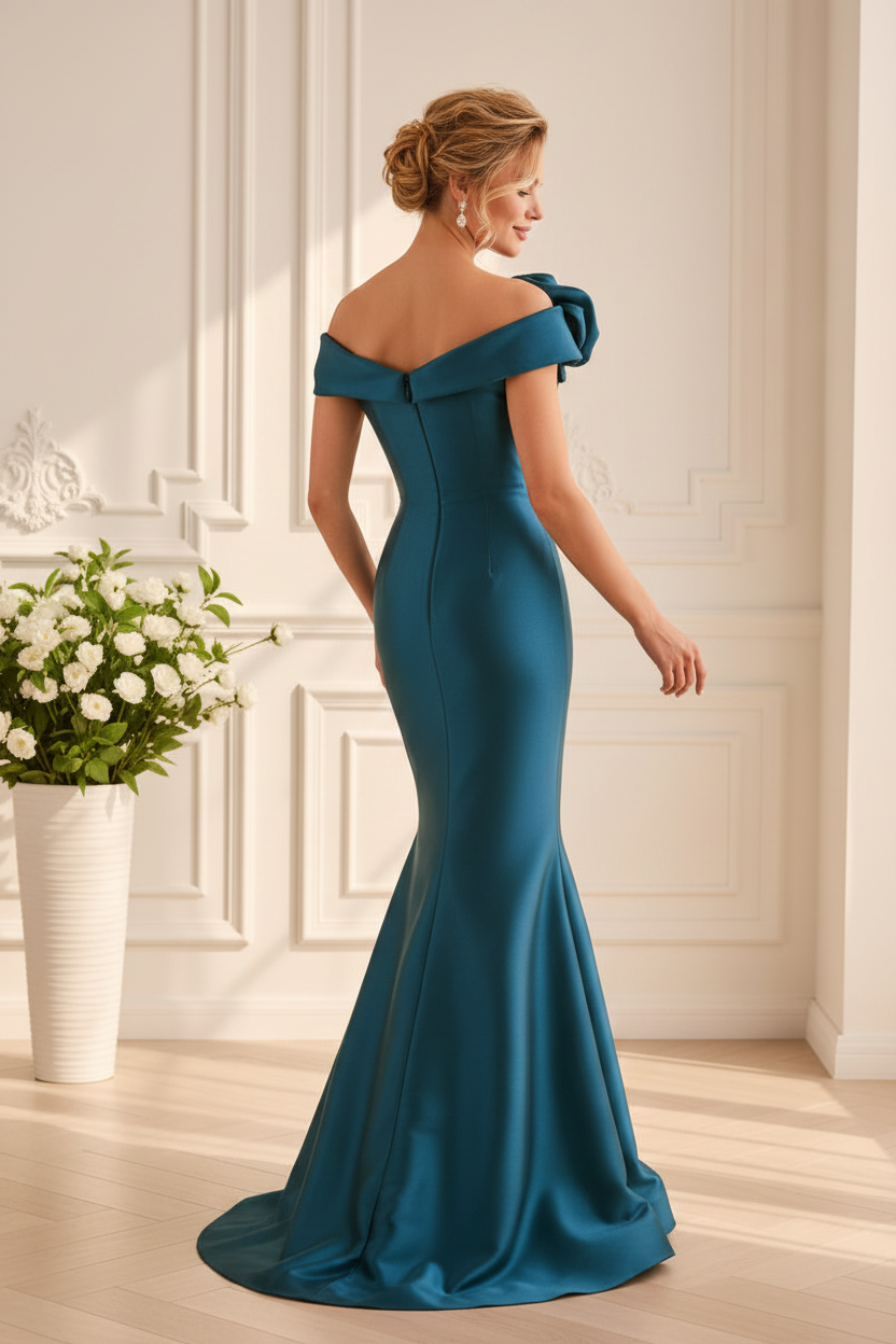 Rosette Off-Shoulder Embroidered Mermaid Gown
