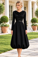 Cowl Neck Bubble Hem Midi Dress with Belt