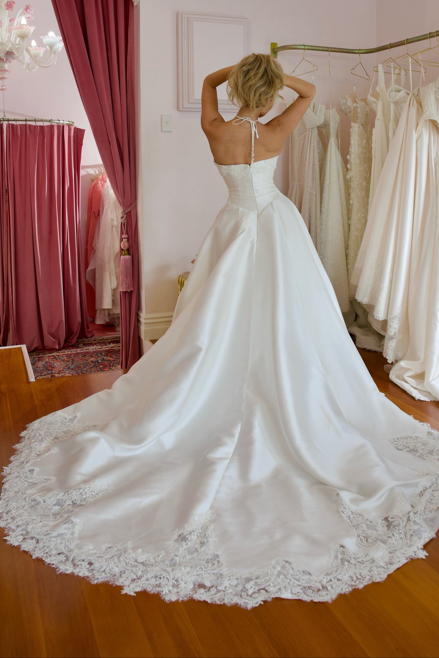 Satin Ball Gown Wedding Dress with Lace Hem