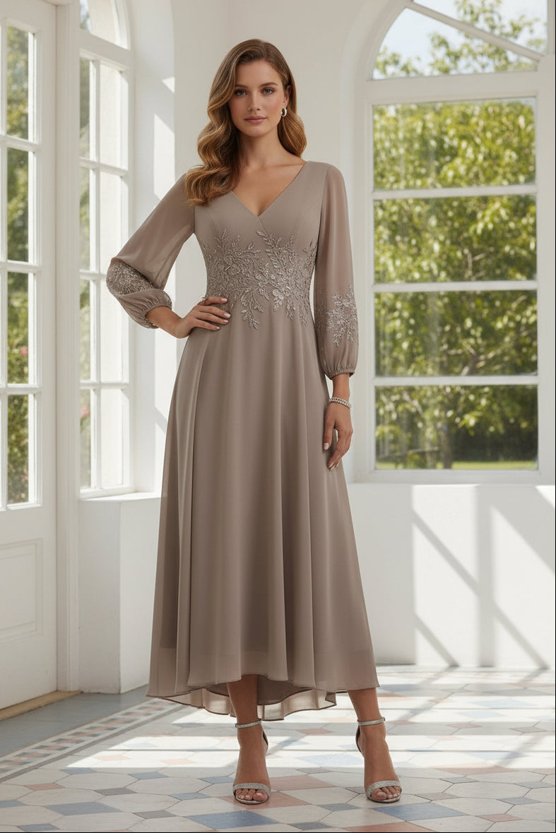 Embroidered V-Neck Chiffon High-Low Dress