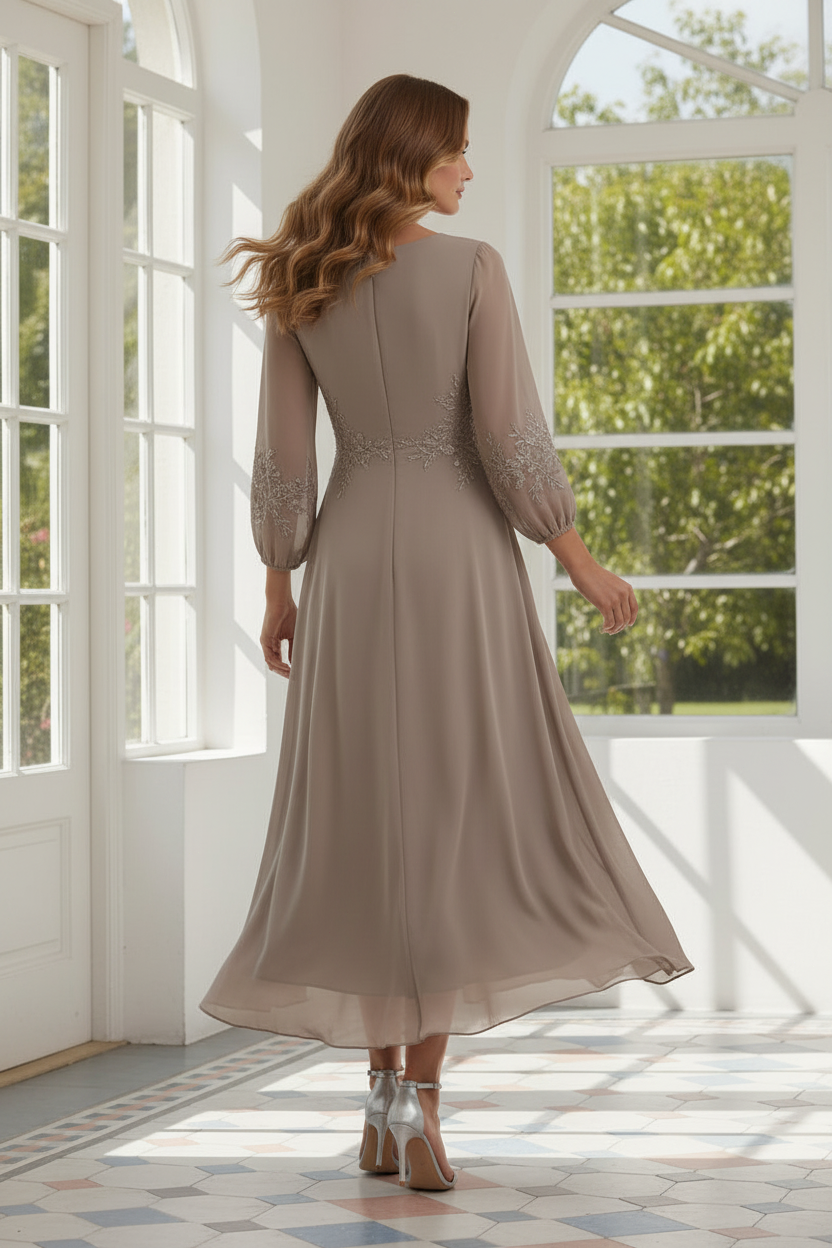 Embroidered V-Neck Chiffon High-Low Dress