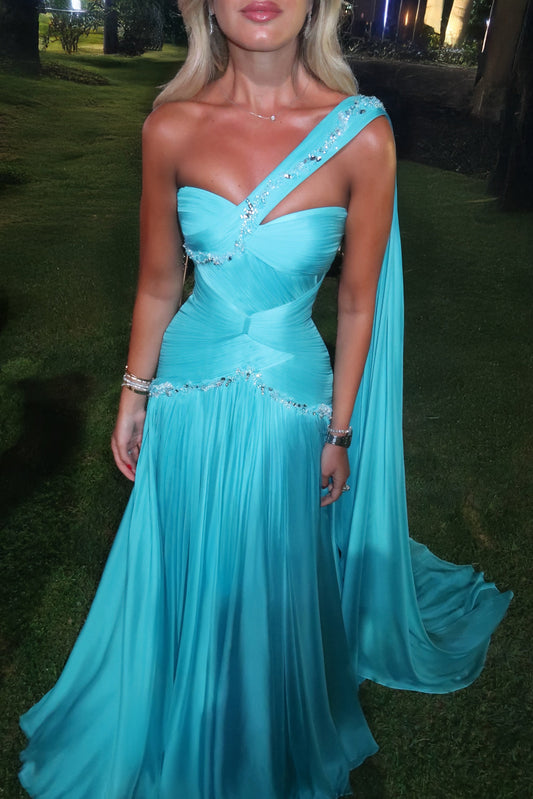One Shoulder Crystal Embellished Evening Gown