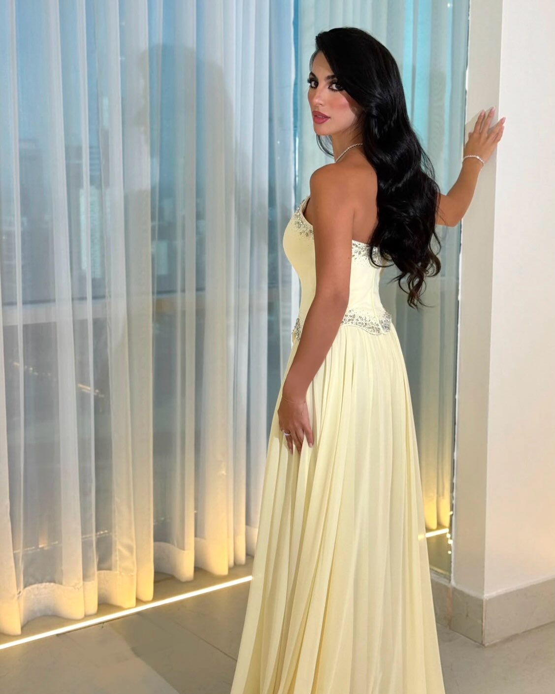 Strapless Beaded Basque Waist Chiffon Evening Gown