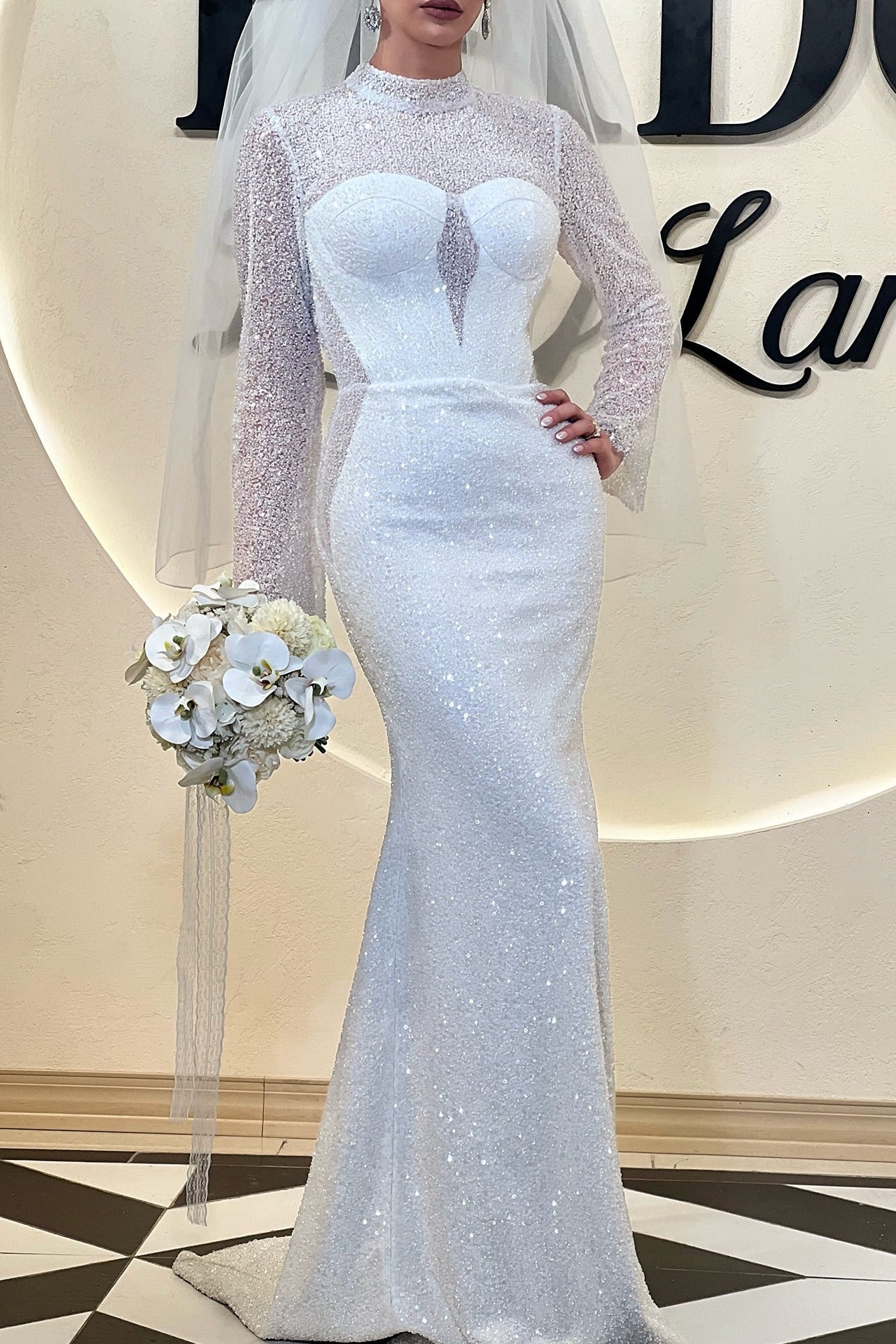 Sequin Mermaid Wedding Dress with Illusion Long Sleeves