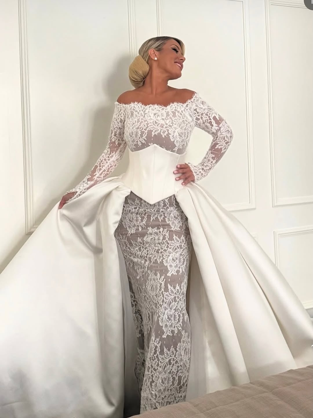 Off-the-Shoulder Lace Wedding Dress with Satin Overskirt