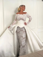 Off-the-Shoulder Lace Wedding Dress with Satin Overskirt