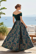 Off-the-Shoulder Velvet and Jacquard A-Line Gown