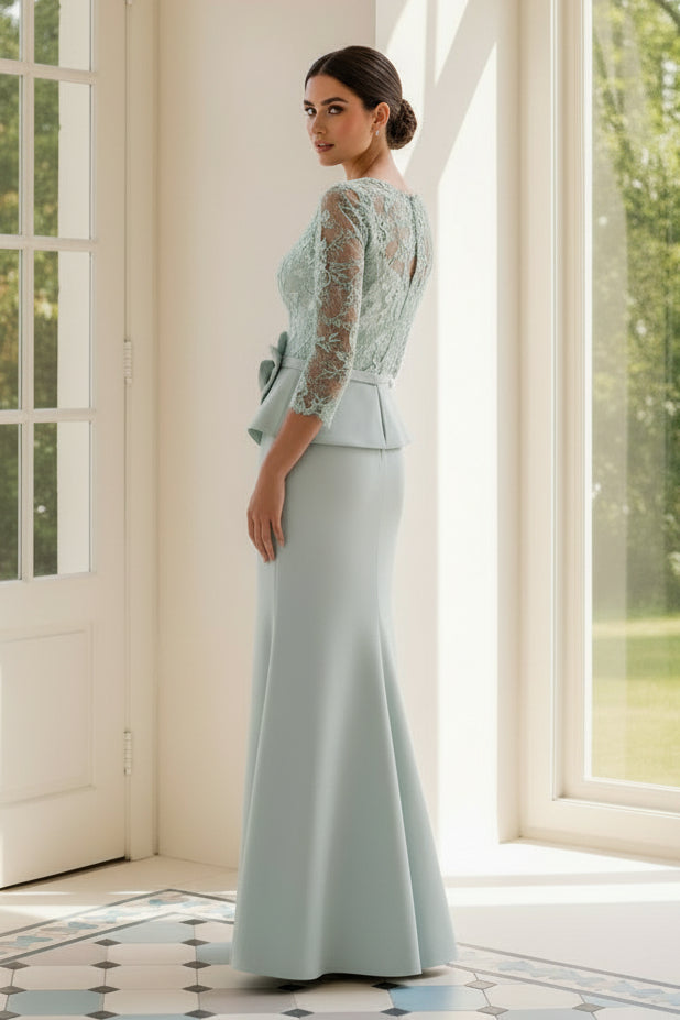 Lace 3/4 Sleeve Peplum Gown with Slit