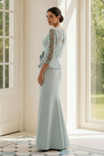 Lace 3/4 Sleeve Peplum Gown with Slit