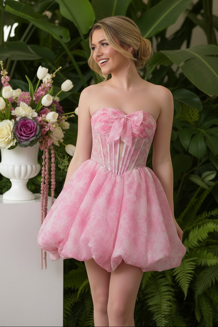 Strapless Floral Corset Mini Dress with Bubble Skirt