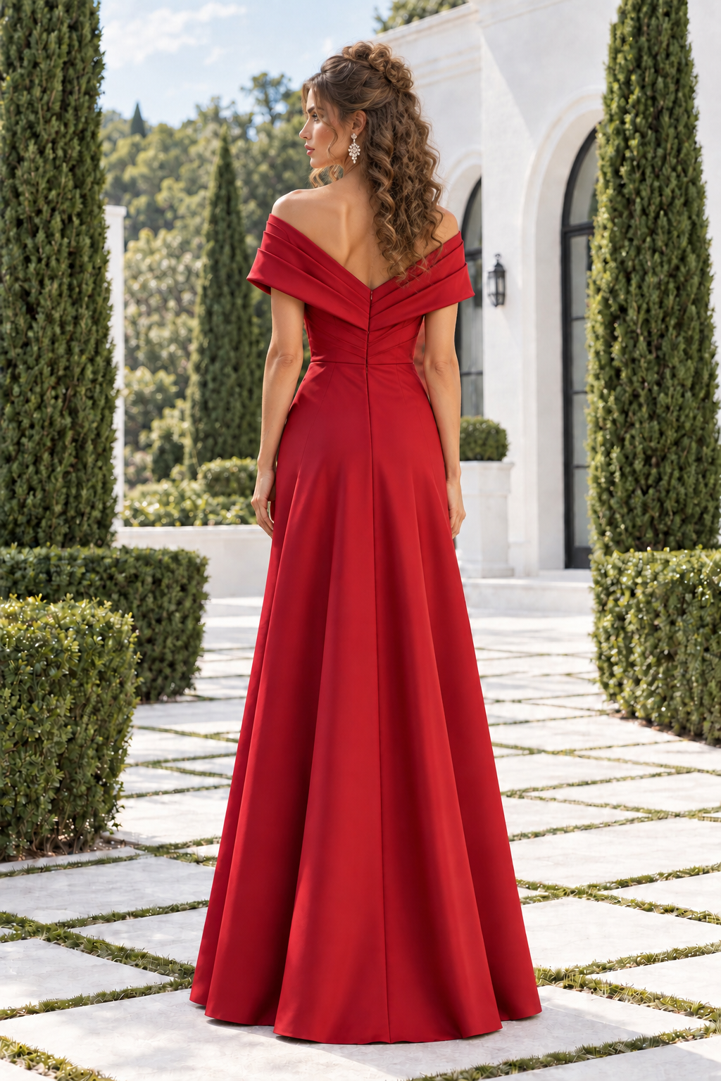 Off-Shoulder Pleated Evening Gown with Brooch