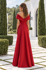 Off-Shoulder Pleated Evening Gown with Brooch