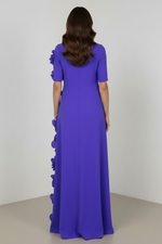 Elegant Purple Short Sleeve Column Gown with 3D Flowers & Bow
