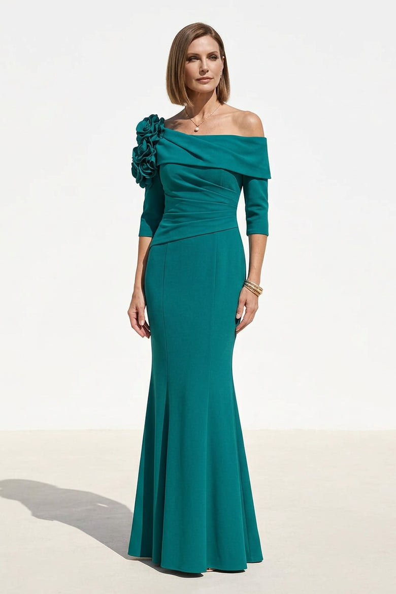 Rosette Off-the-Shoulder Mermaid Evening Gown