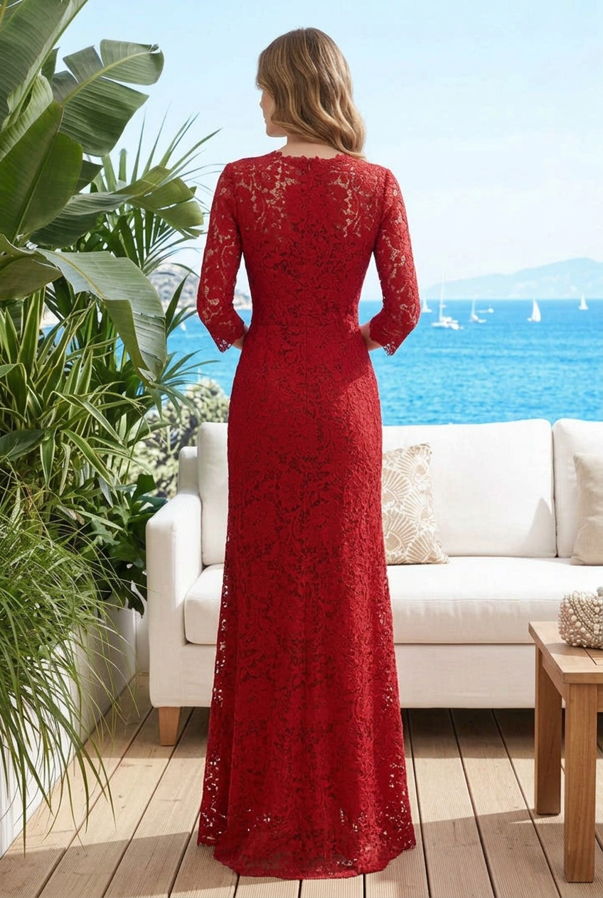 Plunging Scalloped Lace A-Line Evening Gown