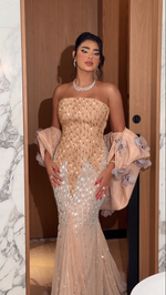 Strapless Embellished Gown with 3D Flower Wrap