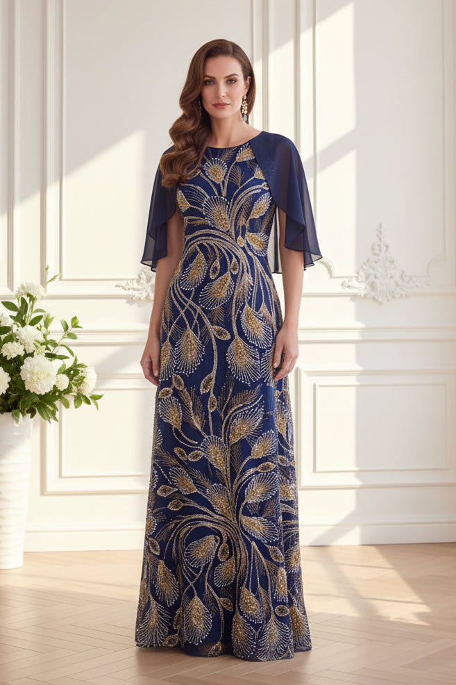 Beaded Column Gown with Chiffon Cape