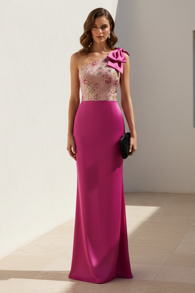 One-Shoulder Floral Satin Evening Gown