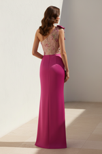 One-Shoulder Floral Satin Evening Gown