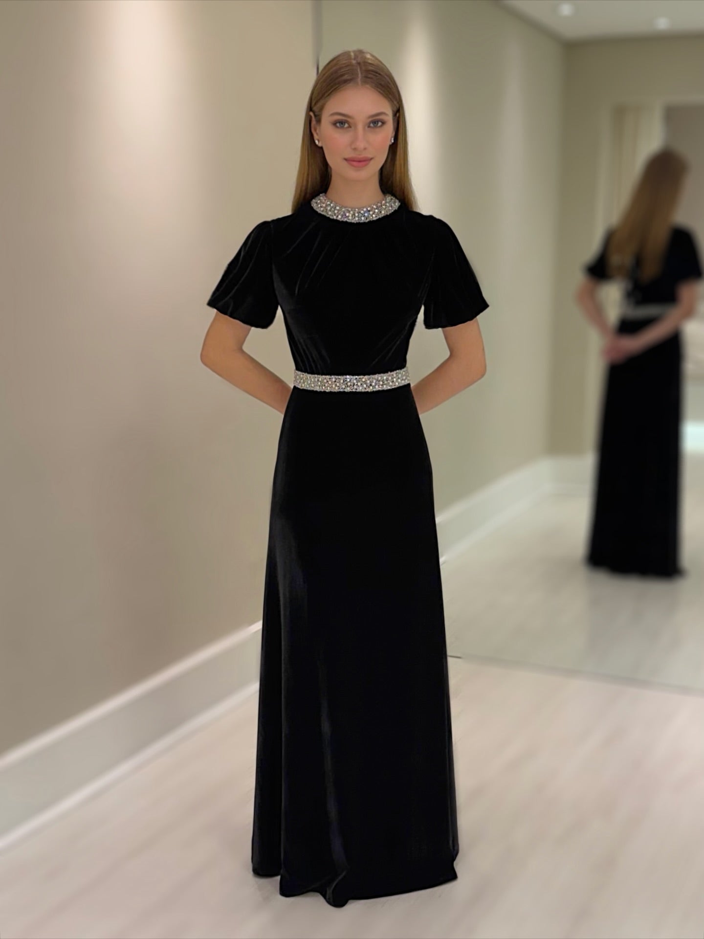 High-Neck Velvet Evening Gown with Crystal Trim
