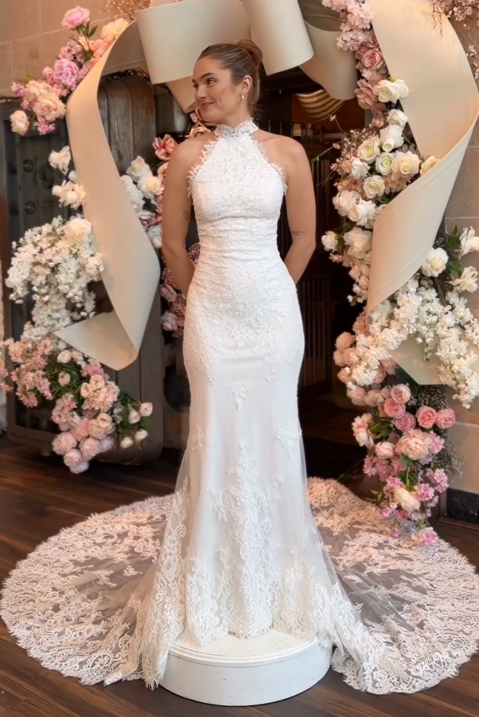 High Neck Halter Lace Applique Mermaid Wedding Dress