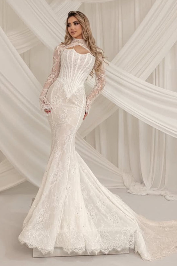 High Neck Lace Mermaid Wedding Dress with Corset Bodice