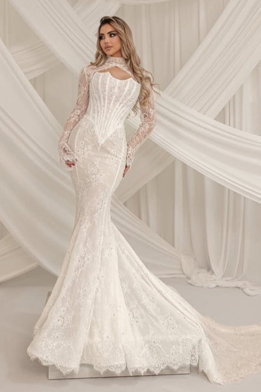 High Neck Lace Mermaid Wedding Dress with Corset Bodice