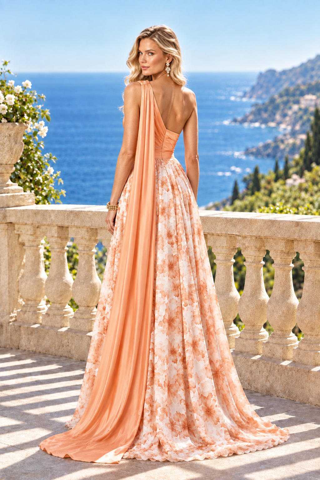 One-Shoulder Floral Evening Gown with Shoulder Drape