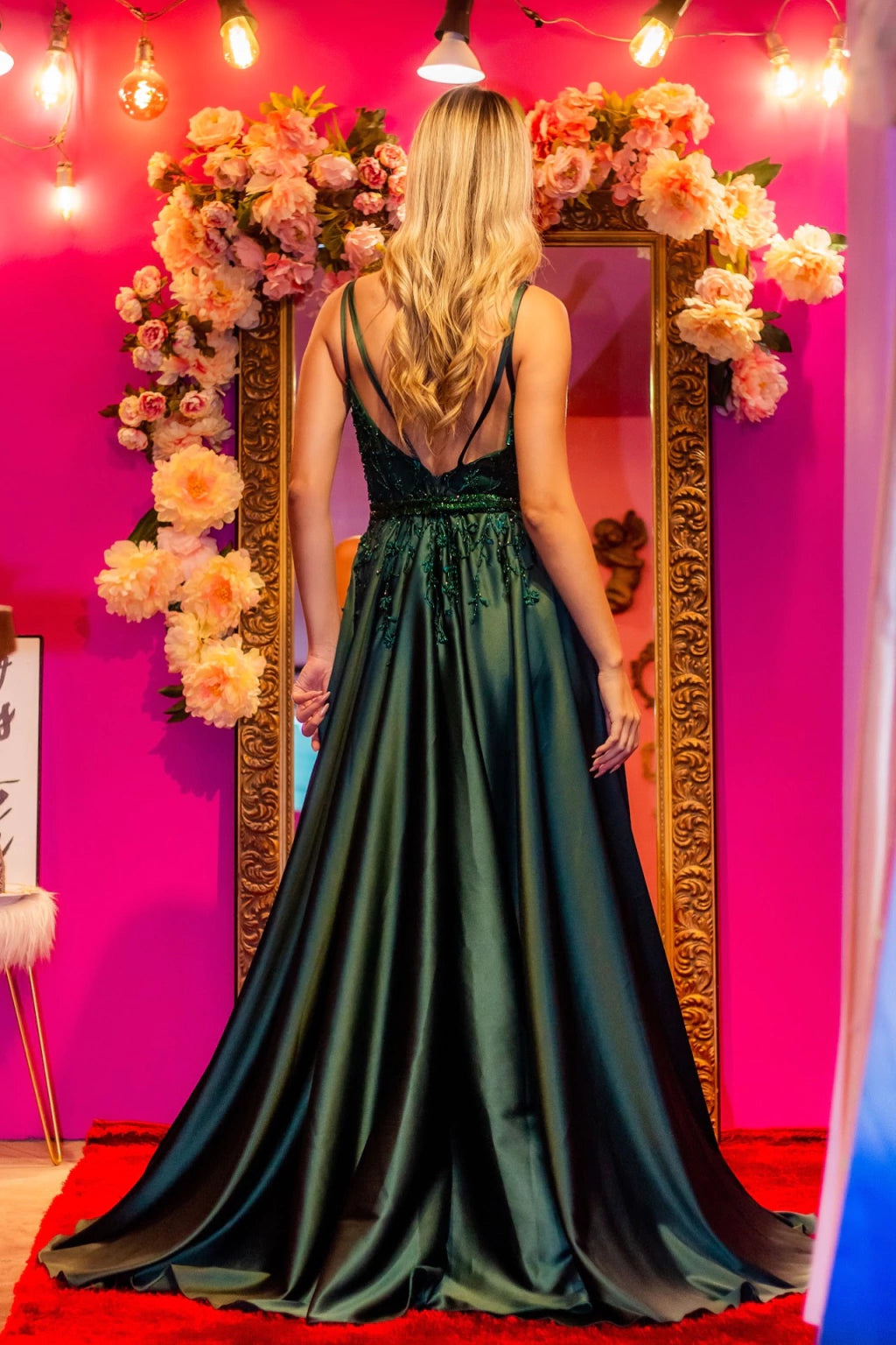 A-Line Satin Evening Gown with Deep V-Neck and Slit