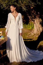 Plunging V-Neck Long Sleeve Wedding Dress