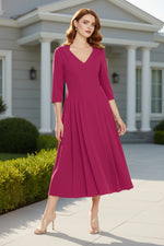 V-Neck 3/4 Sleeve Midi Dress with Pleated Skirt