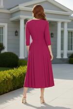 V-Neck 3/4 Sleeve Midi Dress with Pleated Skirt