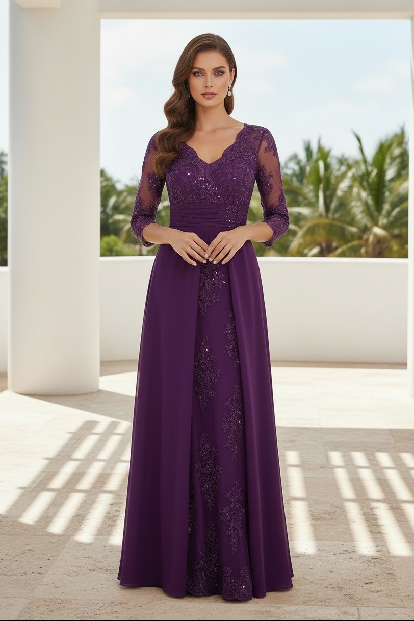 Sequined Lace A-Line Gown with Chiffon Drape