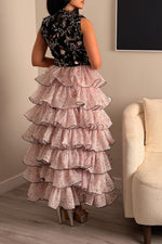 Embroidered High Neck Tiered Ruffle Gown