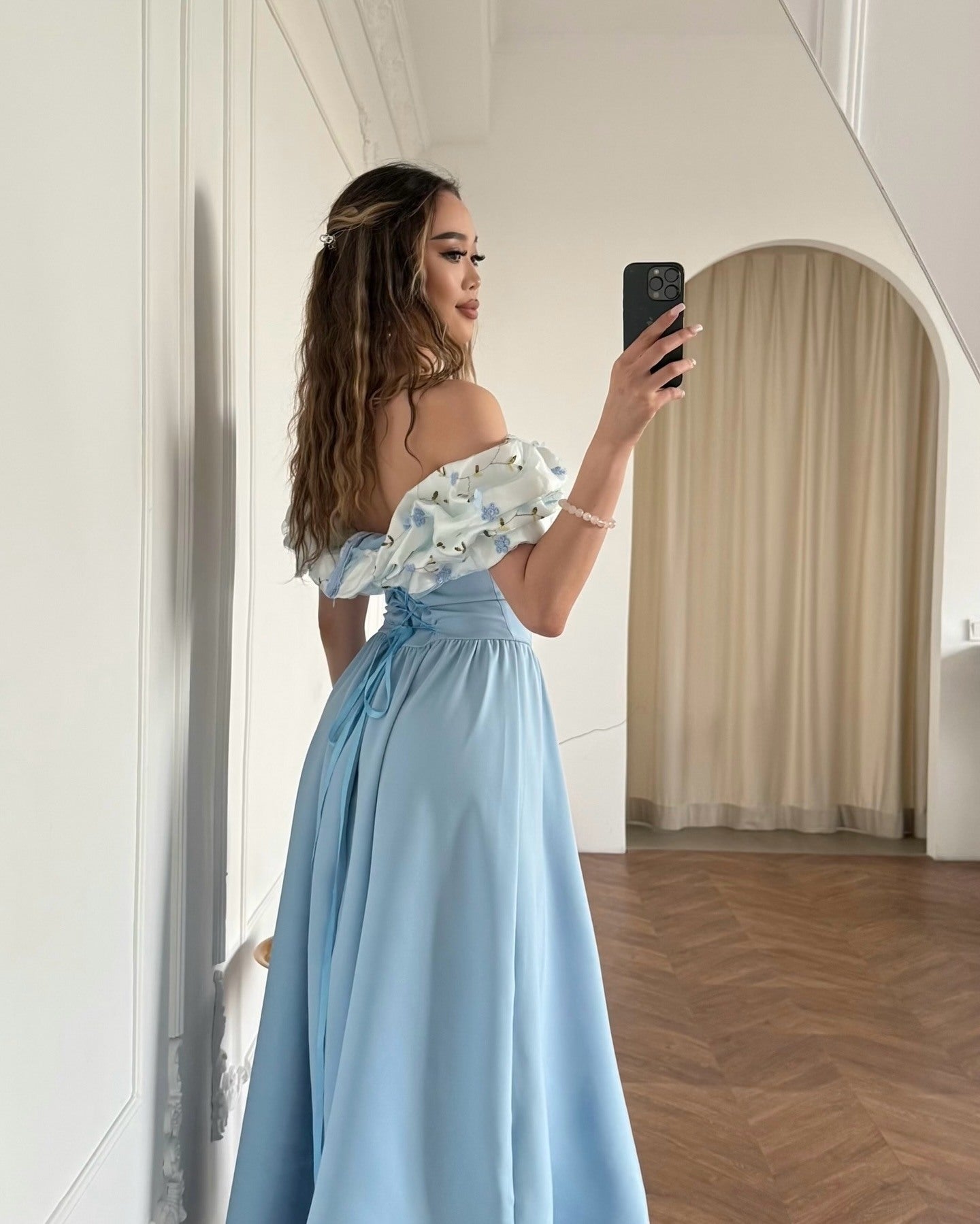 Off-the-Shoulder Corset Midi Dress with Floral Ruffle