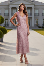 Embroidered Sequin V-Neck Sheath Midi Dress