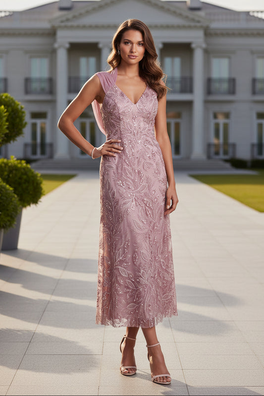Embroidered Sequin V-Neck Sheath Midi Dress
