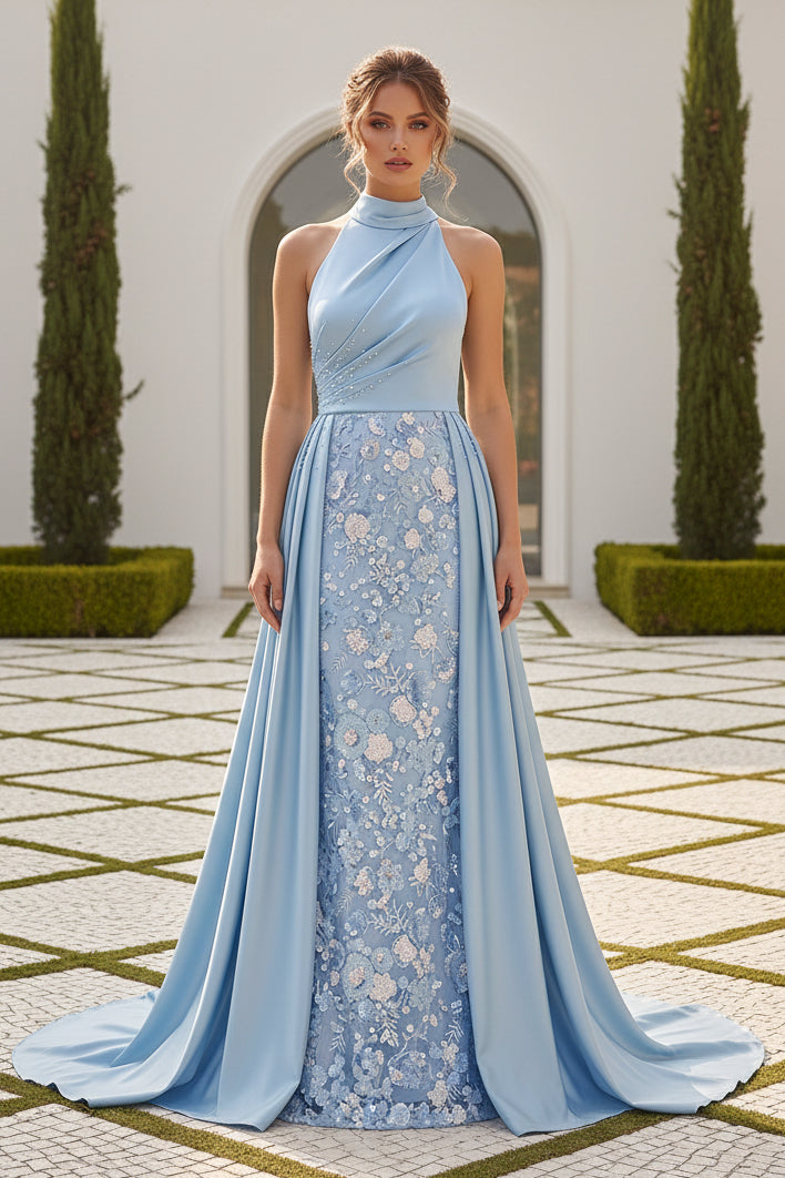 Halter Satin Evening Gown with Embroidered Skirt