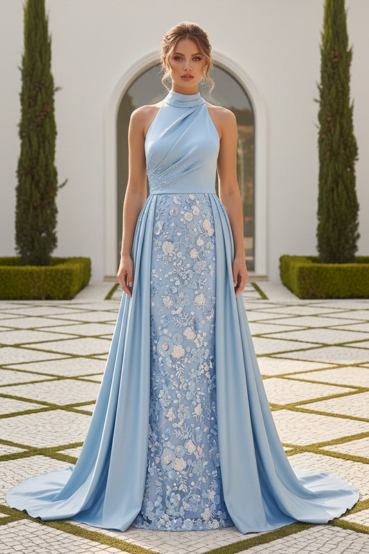 Halter Satin Evening Gown with Embroidered Skirt