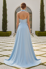 Halter Satin Evening Gown with Embroidered Skirt