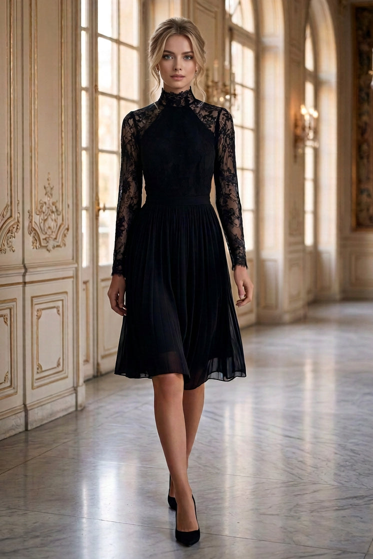 Lace High Neck Pleated Midi Dress with Long Sleeves
