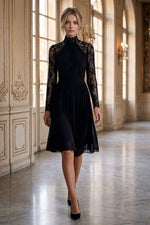 Lace High Neck Pleated Midi Dress with Long Sleeves