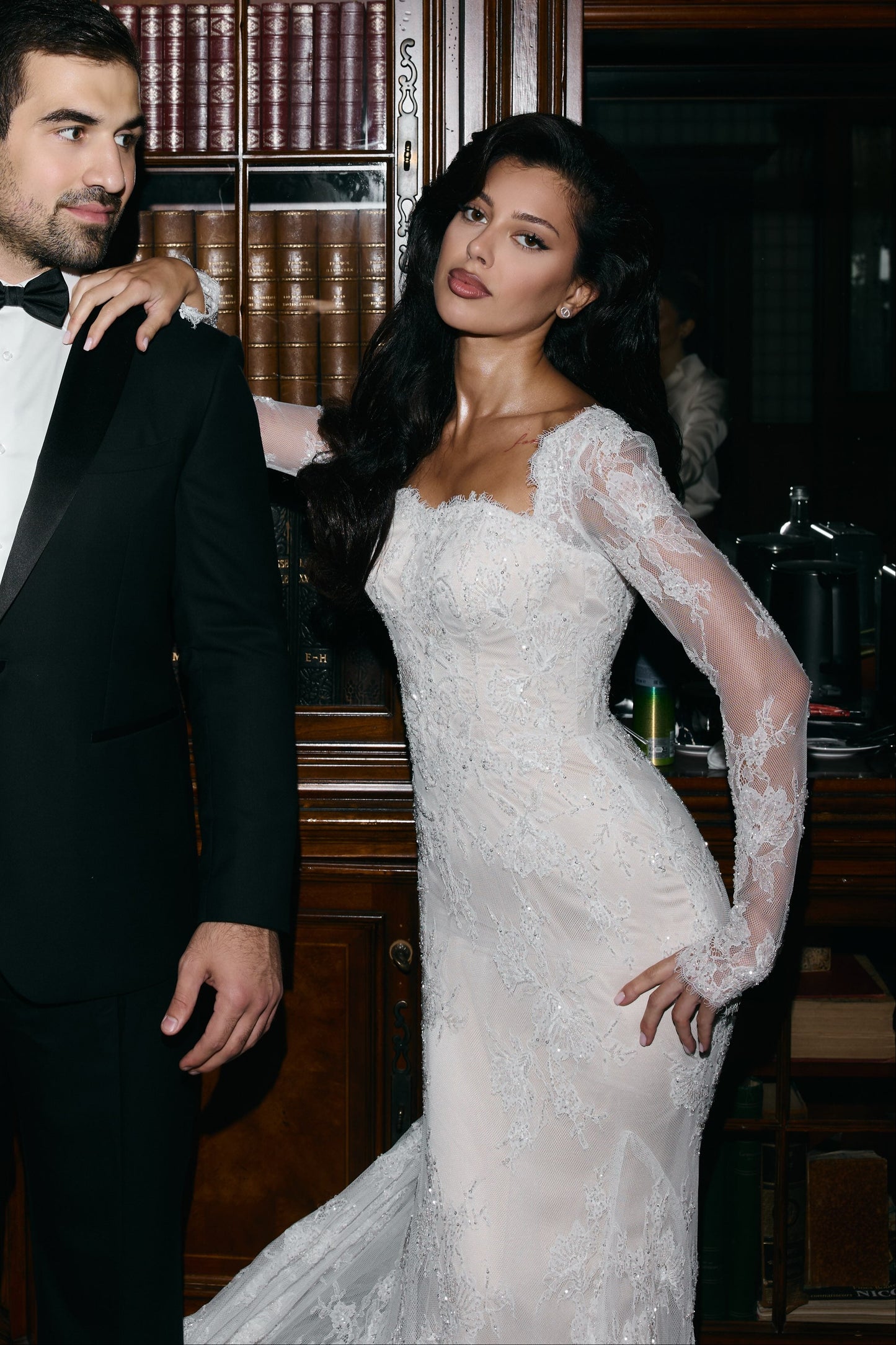 Long Sleeve Illusion Lace Wedding Dress with Train