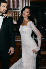 Long Sleeve Illusion Lace Wedding Dress with Train