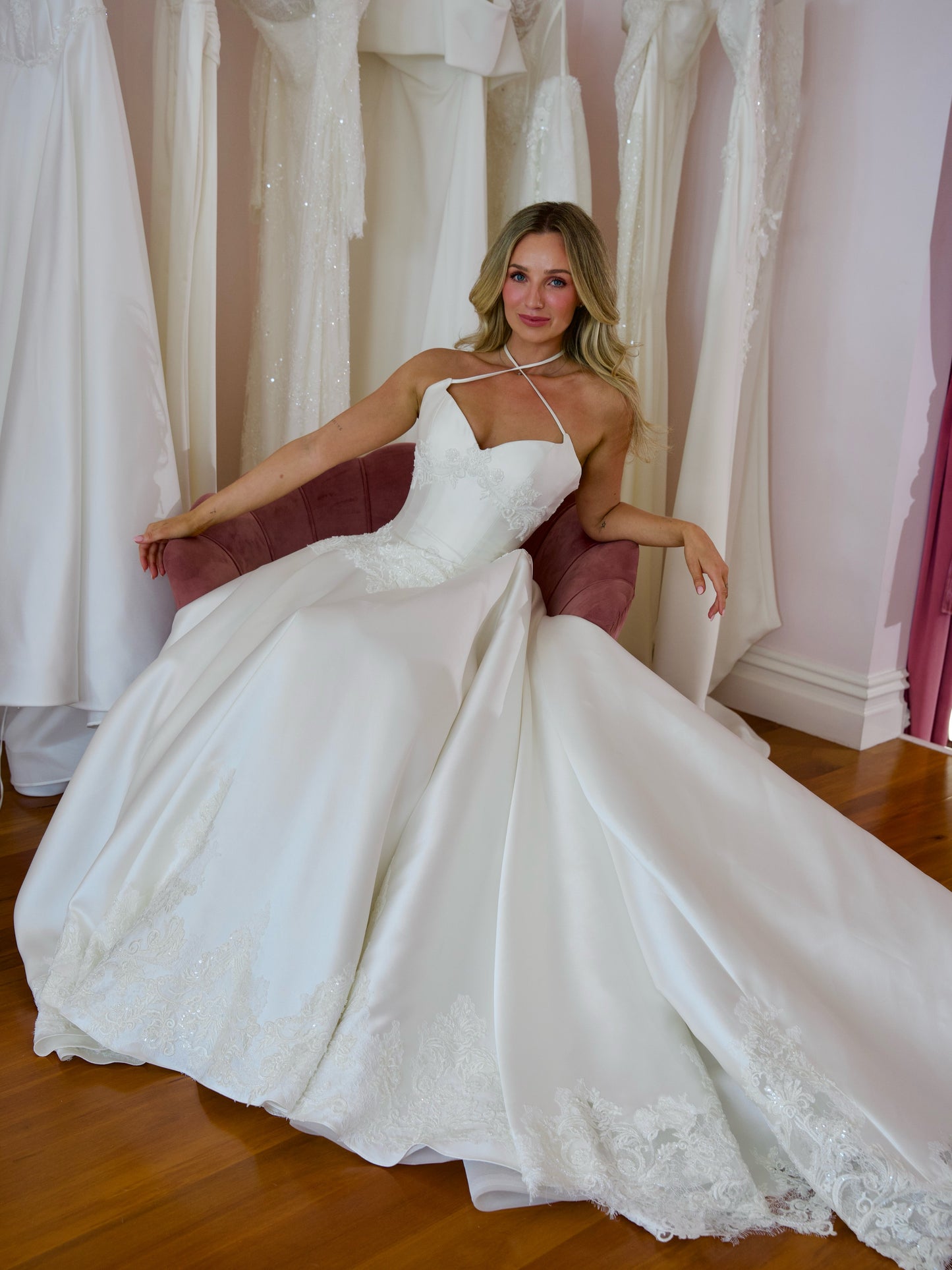 Satin Ball Gown Wedding Dress with Lace Hem