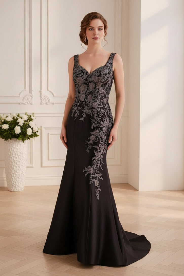Beaded Lace Applique Satin Trumpet Evening Gown