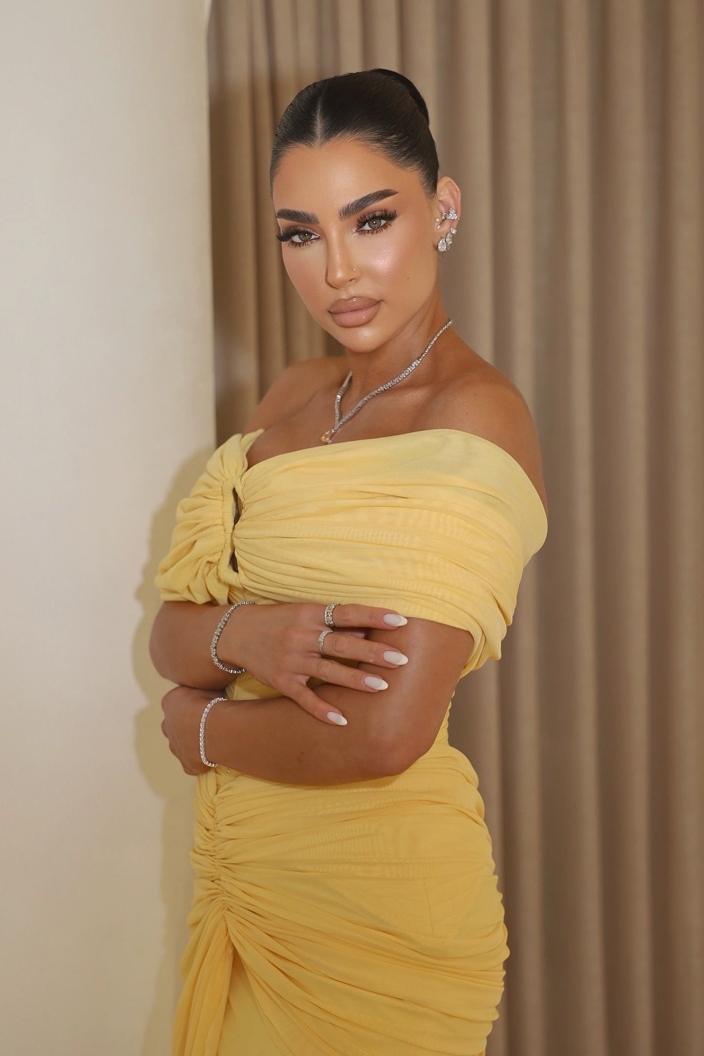 Off-Shoulder Ruched Keyhole Evening Gown